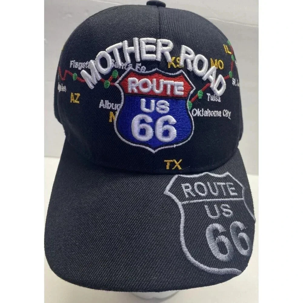 Men's Route 66 Mother Road SIgn US HIstorical Map Hat Black SnapBack Cap